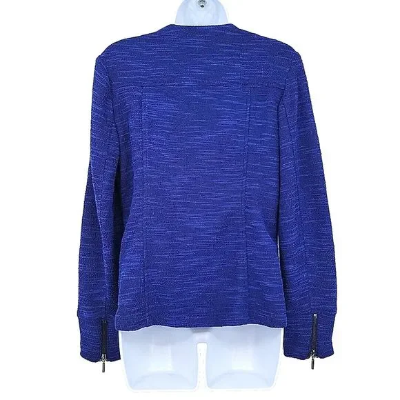 H by Halston Womens Tweed Jacket Size 6 Blue Zippers Asymmetrical Stretchy‎ - Picture 4 of 8